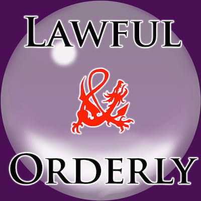 Lawful and Orderly. Text with ampersand as stylized dragon appears over a crystal ball above a purple background.